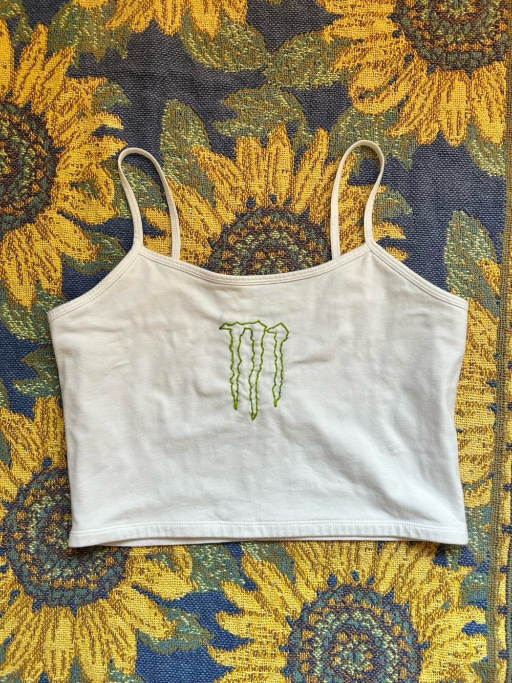 Handmade embroidered graphic cami top with Monster Energy